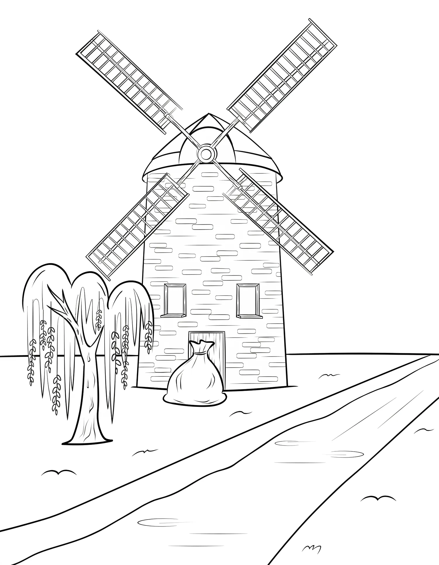 Moulin à Vent Traditionnel — Coloriage architecture à imprimer gratuitement